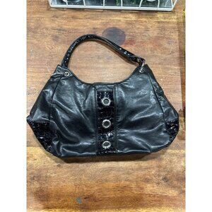 Fergi Fog Black Shoulder Bag With Faux Croc Accents & Grommet Detail